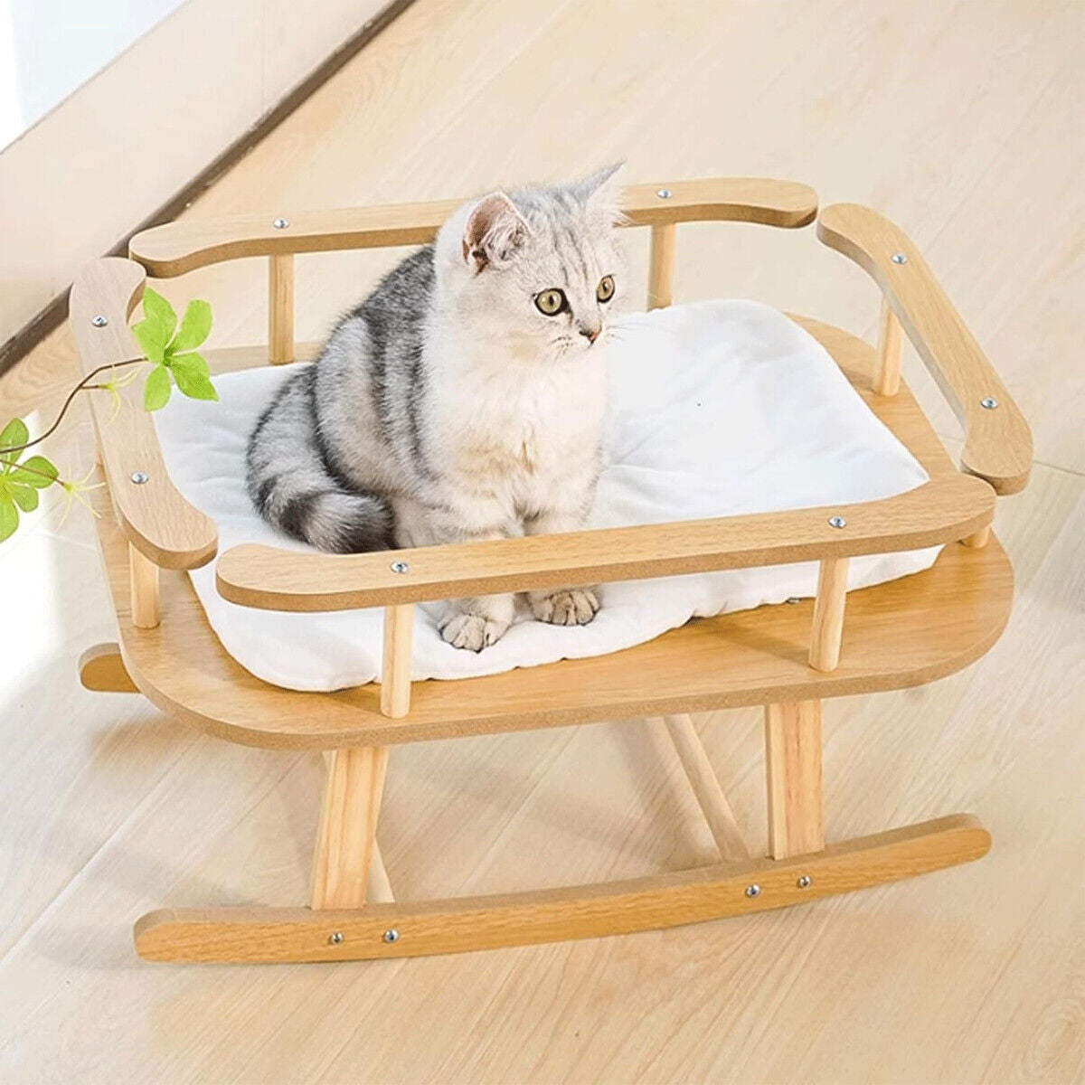 Wooden Cat Bed Simple Rocking Pet Bed Comfortable Elevated Sleeping Furniture