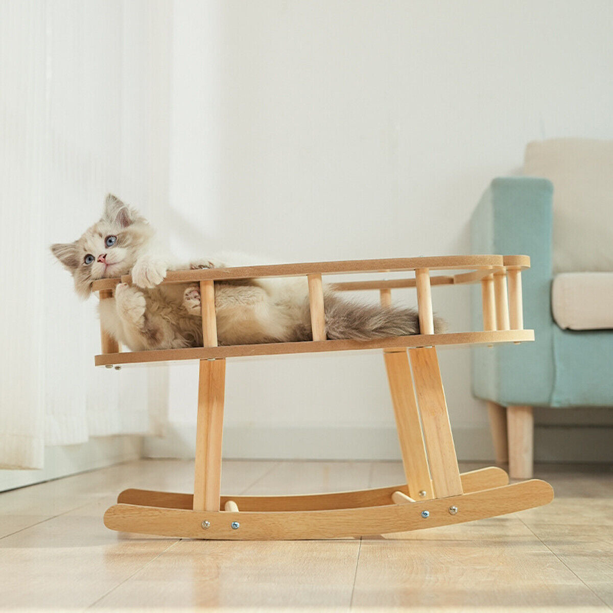Wooden Cat Bed Simple Rocking Pet Bed Comfortable Elevated Sleeping Furniture