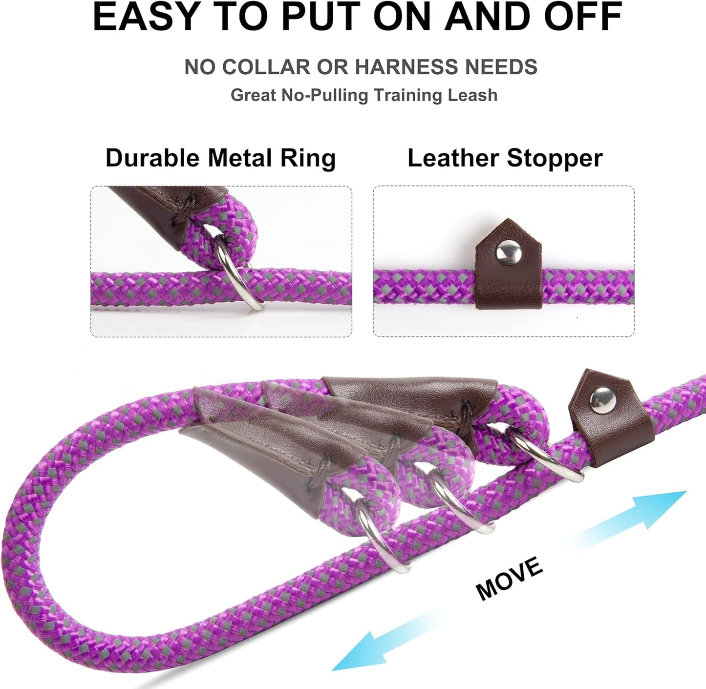 Durable Slip Lead Dog Leash, 6 FT X 3/8" Heavy Duty Comfortable Strong Rope Slip Lead for Small Dogs and Puppies, No Pull Pet Training Leash with Highly Reflective(3/8", Purple)