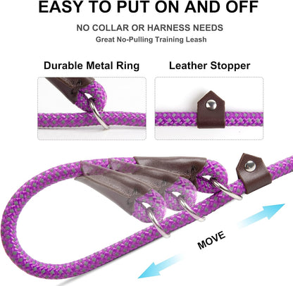 Durable Slip Lead Dog Leash, 6 FT X 3/8" Heavy Duty Comfortable Strong Rope Slip Lead for Small Dogs and Puppies, No Pull Pet Training Leash with Highly Reflective(3/8", Purple)