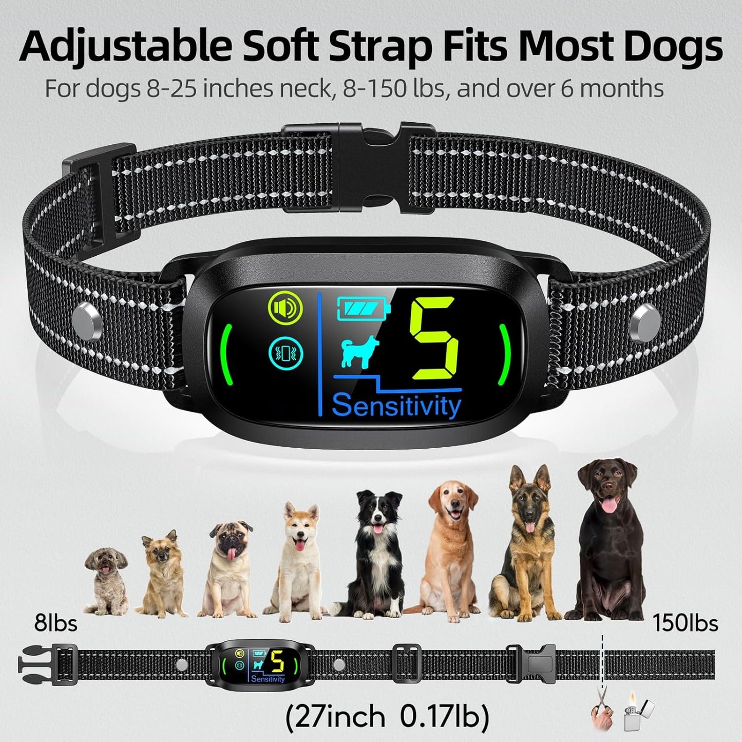 Dog Bark Collar,  Rechargeable Smart Barking Collar, anti Barking Training Collar with 5 Adjustable Sensitivity Beep Vibration Shock, Bark Shock Collar for Large Medium Small Dogs