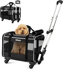 Cat Dog Carrier with Wheels Airline Approved Rolling Pet Carrier with Telescopic Handle, Shoulder Strap and Pet Bowl, Black