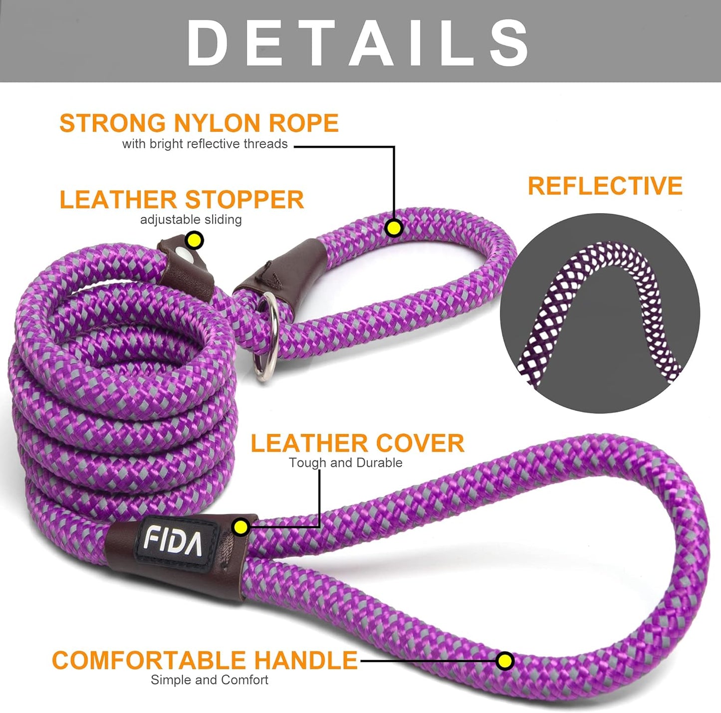 Durable Slip Lead Dog Leash, 6 FT X 3/8" Heavy Duty Comfortable Strong Rope Slip Lead for Small Dogs and Puppies, No Pull Pet Training Leash with Highly Reflective(3/8", Purple)