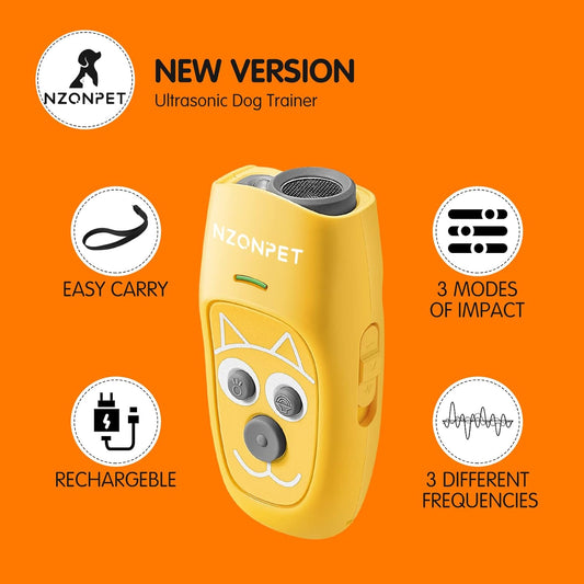 anti Barking Device, Ultrasonic 3 in 1 Dog Barking Deterrent Devices, 3 Frequency Dog Training and Bark Control 16.4Ft Range Rechargeable with LED Light and Wrist Strap Yellow