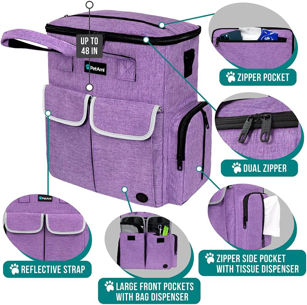 Dog Travel Bag Pet Supplies Accessories Organizer for Traveling, Camping, Weekend; Cat Pet Travel Bag Kit Includes 2 Food Storage Containers, 2 Collapsible Bowls, 1 Feeding Mat (Purple)
