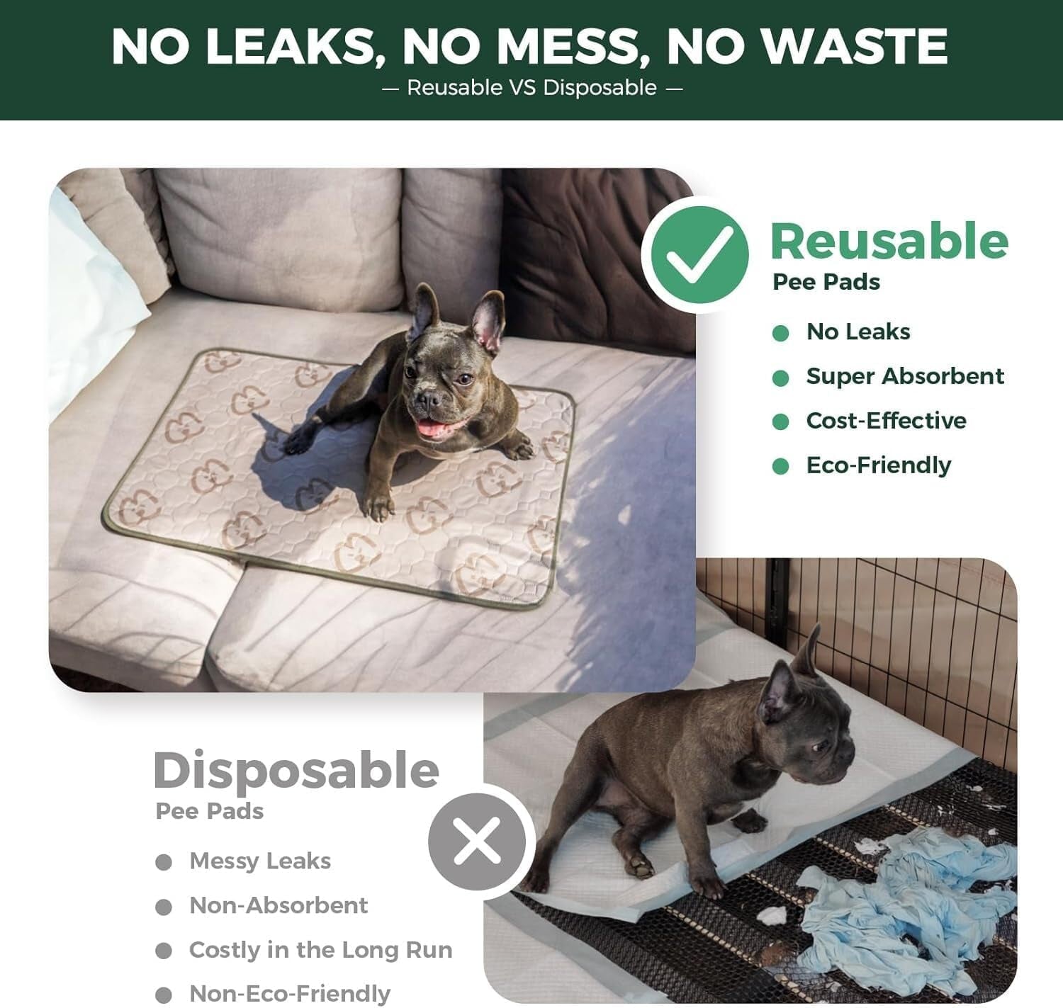 Washable Pee Pads for Dogs, Puppy Pads with Super Absorbent, Specifically Designed for 122Cm Dog Crates, 119Cm ×74Cm Rectangle, Khaki, 2 Packs