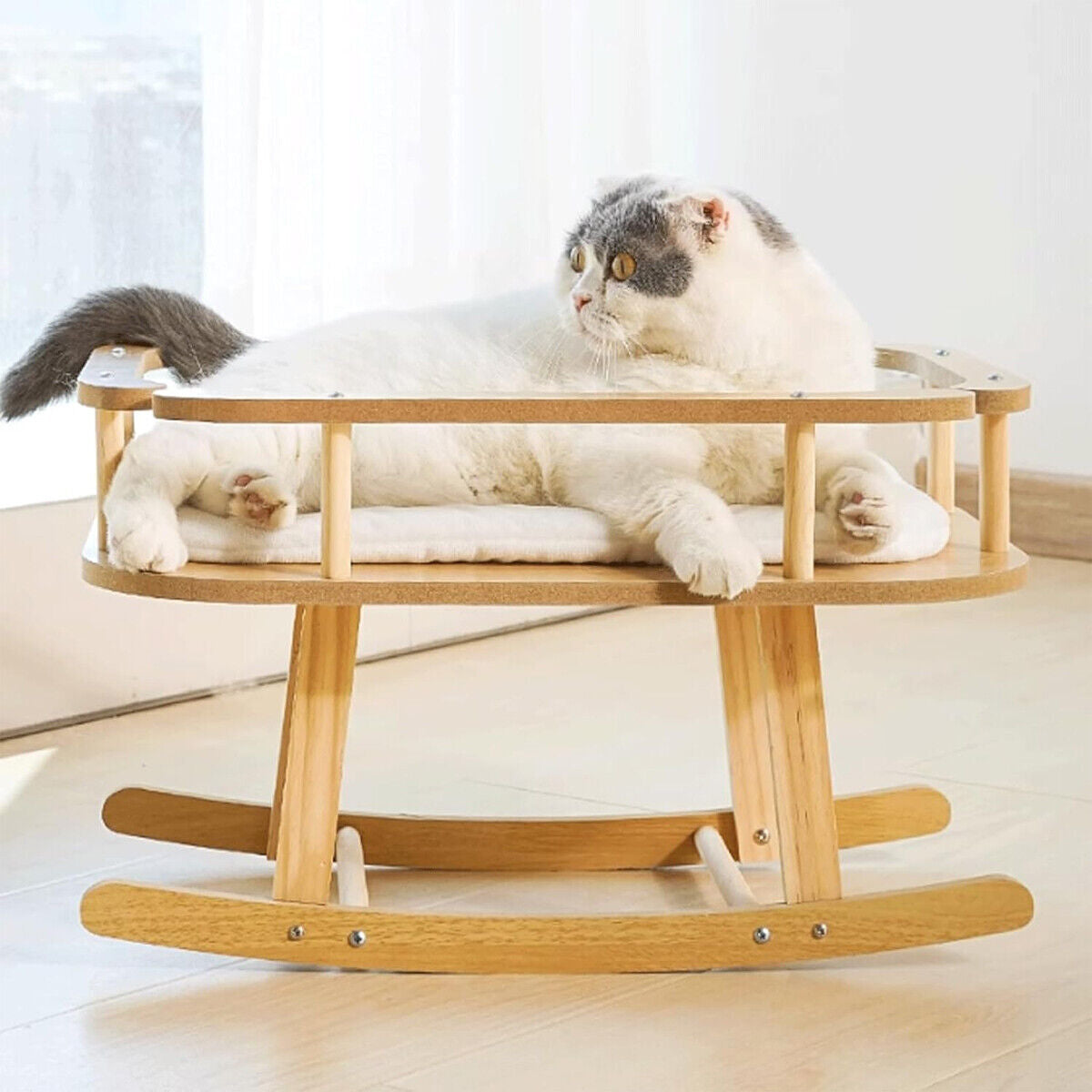 Wooden Cat Bed Simple Rocking Pet Bed Comfortable Elevated Sleeping Furniture