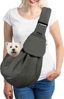 Dog Carrier Sling - Thick Padded Adjustable Shoulder Strap Dog Carriers for Small Dogs, Puppy Carrier Purse for Pet Cat with Front Zipper Pocket Safety Belt Machine Washable (Grey M)