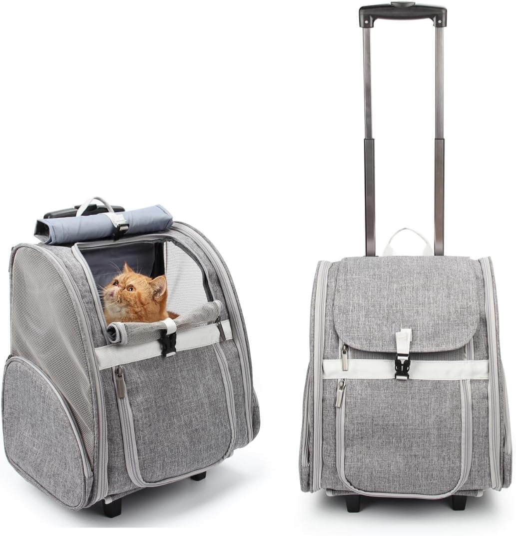 Pet Rolling Carrier, Dog Backpack with Wheels,Cats,Puppies Travel Bag with Wheels,Dog Trolley(Grey)