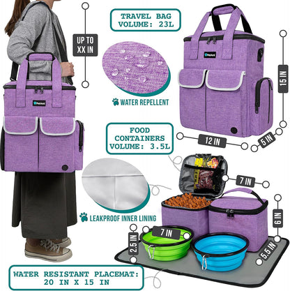 Dog Travel Bag Pet Supplies Accessories Organizer for Traveling, Camping, Weekend; Cat Pet Travel Bag Kit Includes 2 Food Storage Containers, 2 Collapsible Bowls, 1 Feeding Mat (Purple)