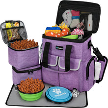 Dog Travel Bag Pet Supplies Accessories Organizer for Traveling, Camping, Weekend; Cat Pet Travel Bag Kit Includes 2 Food Storage Containers, 2 Collapsible Bowls, 1 Feeding Mat (Purple)