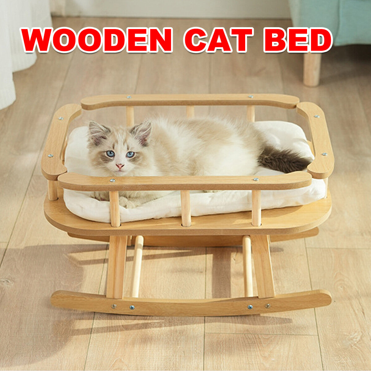 Wooden Cat Bed Simple Rocking Pet Bed Comfortable Elevated Sleeping Furniture